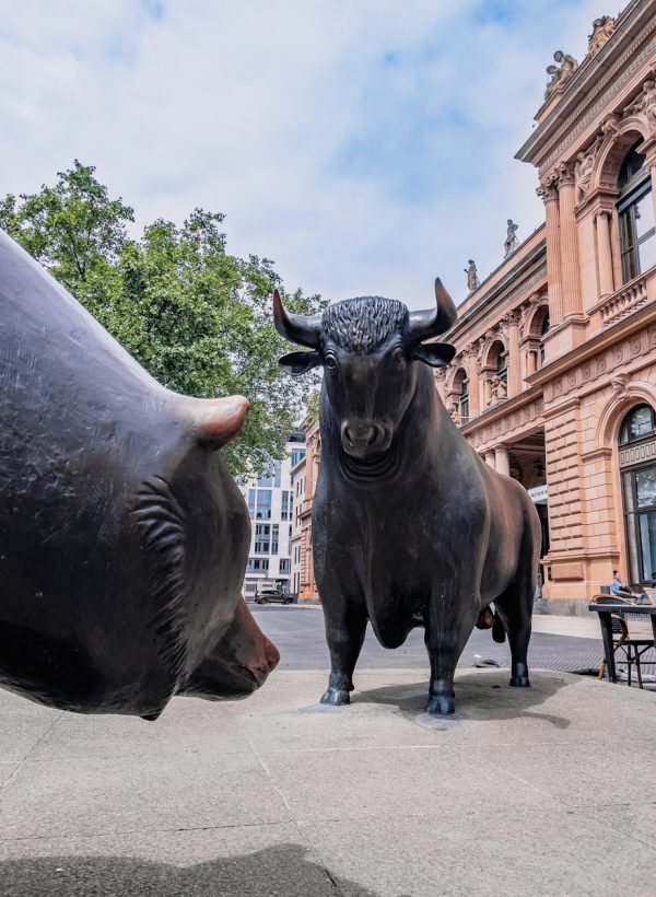 a statue of a bull and a bull's head in front of a building